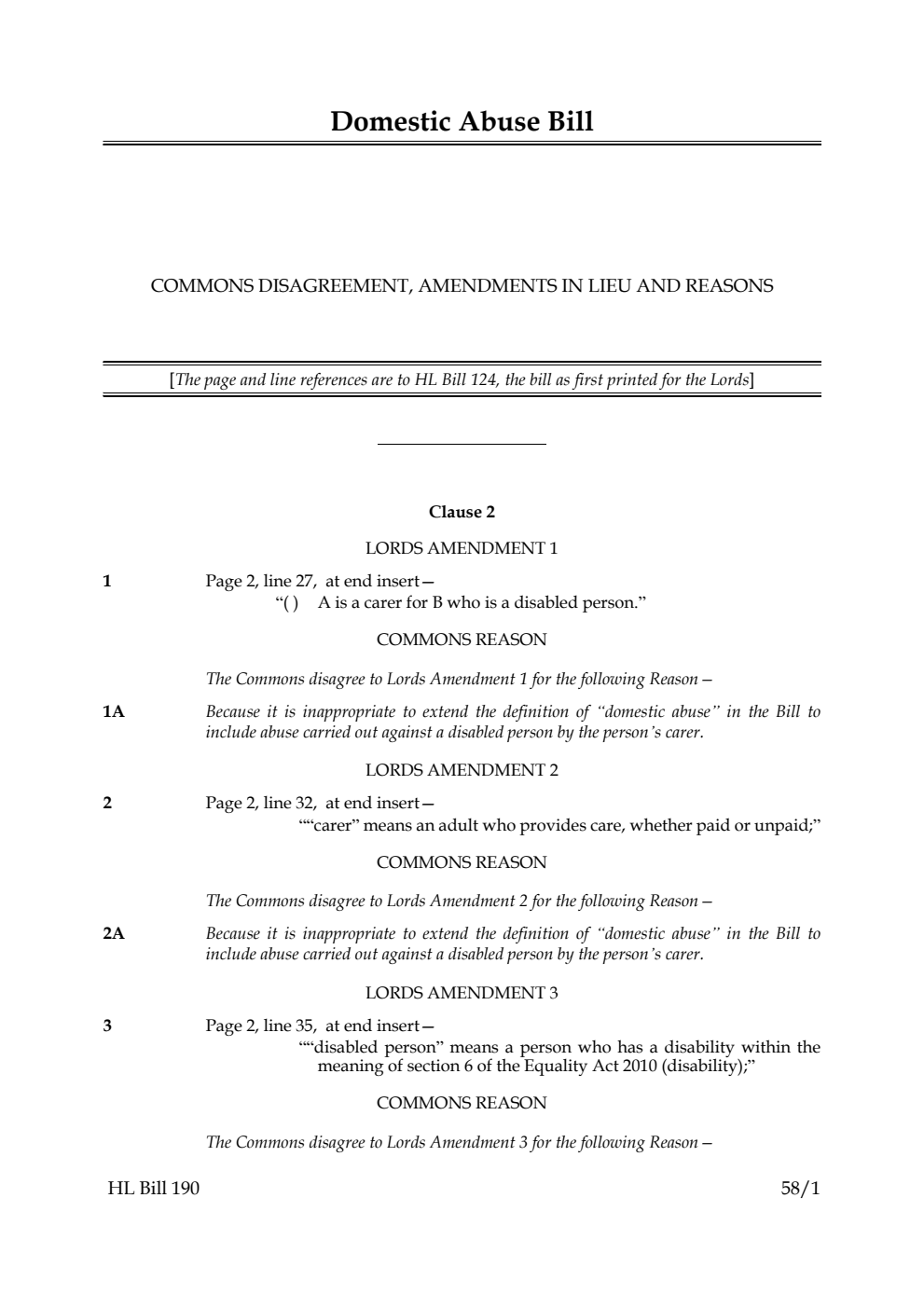 Domestic Abuse Bill Commons disagreement, amendments in lieu and reasons