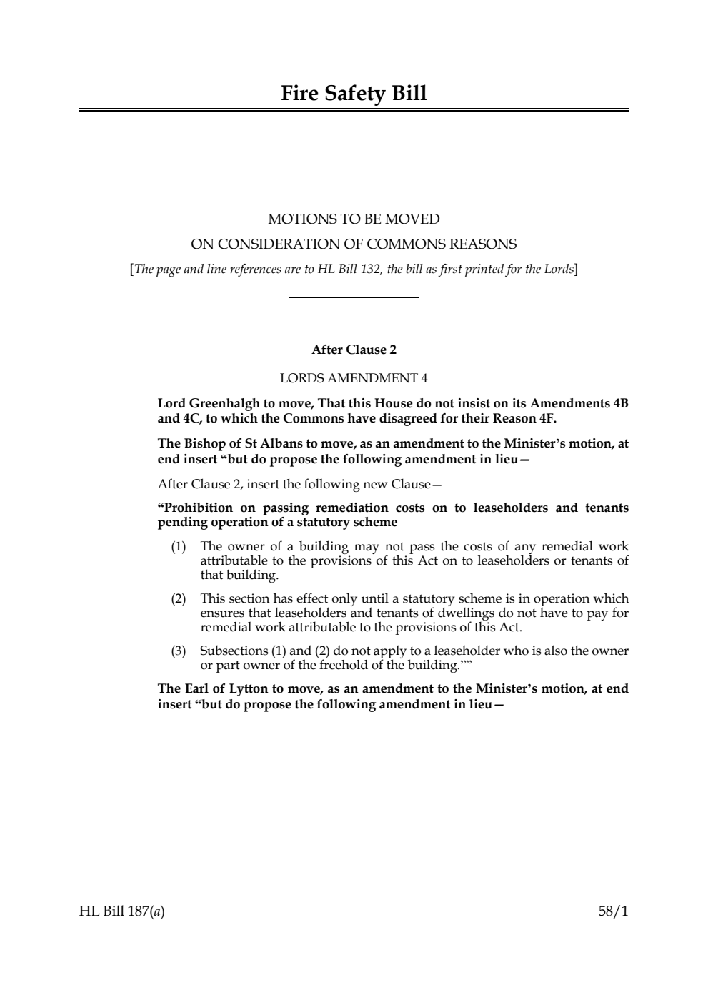 Fire Safety Bill Motions to be moved on consideration of Commons reasons