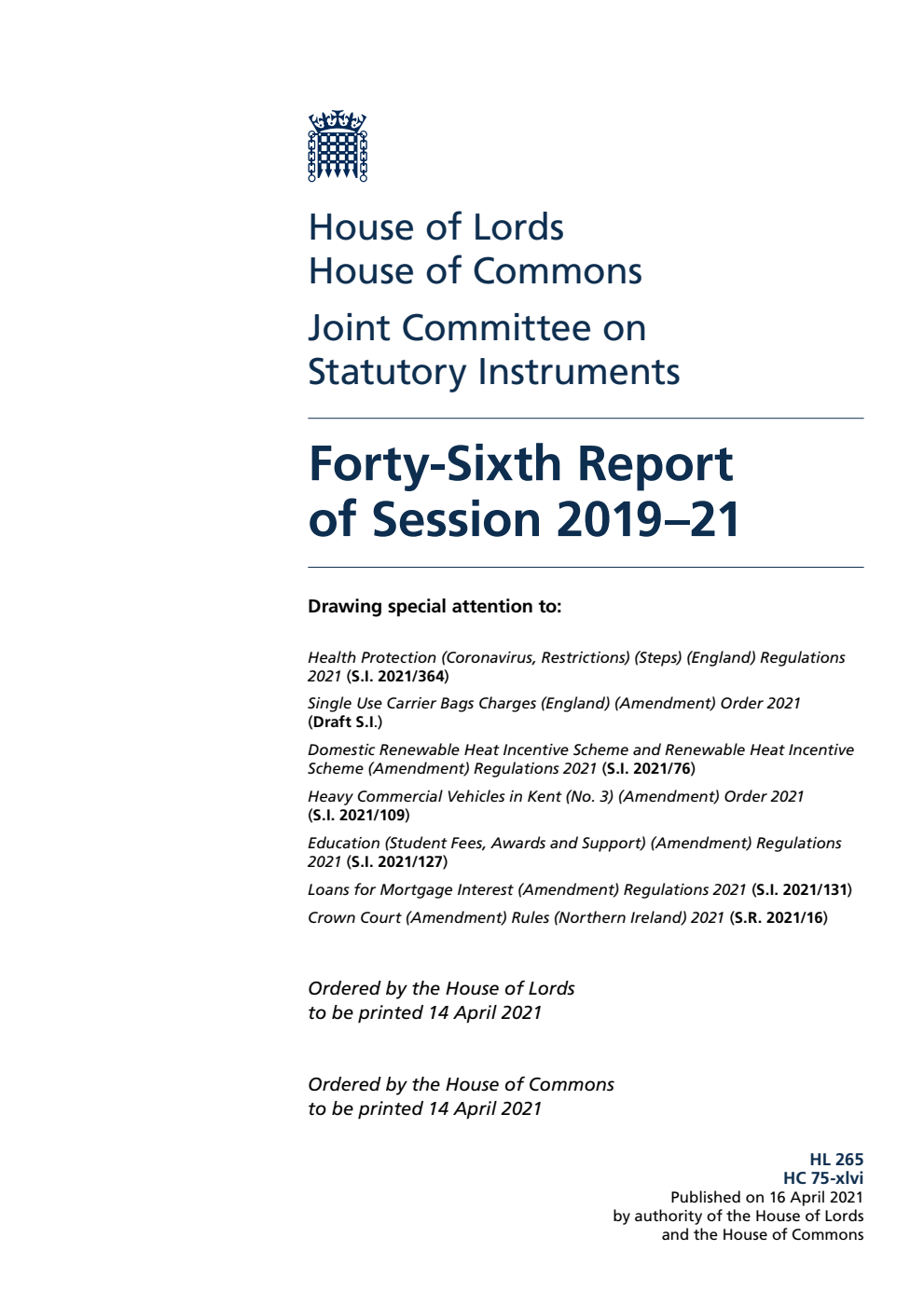 Joint Committee on Statutory Instruments 46th Report of Session 2019-21