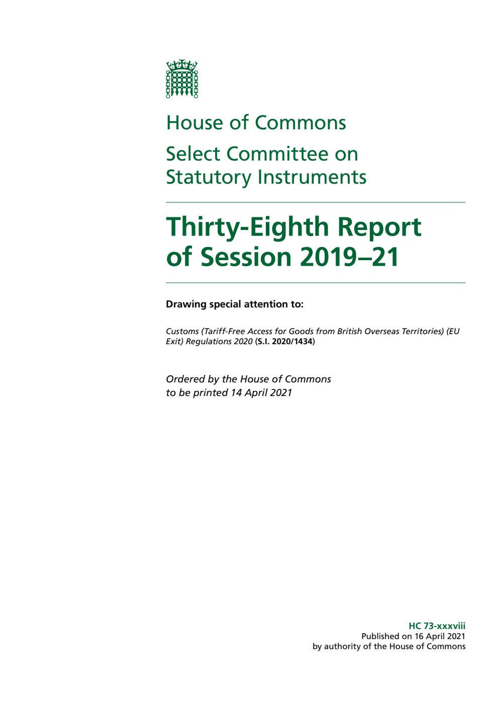 Statutory Instruments Committee 38th Report of Session 2019–21