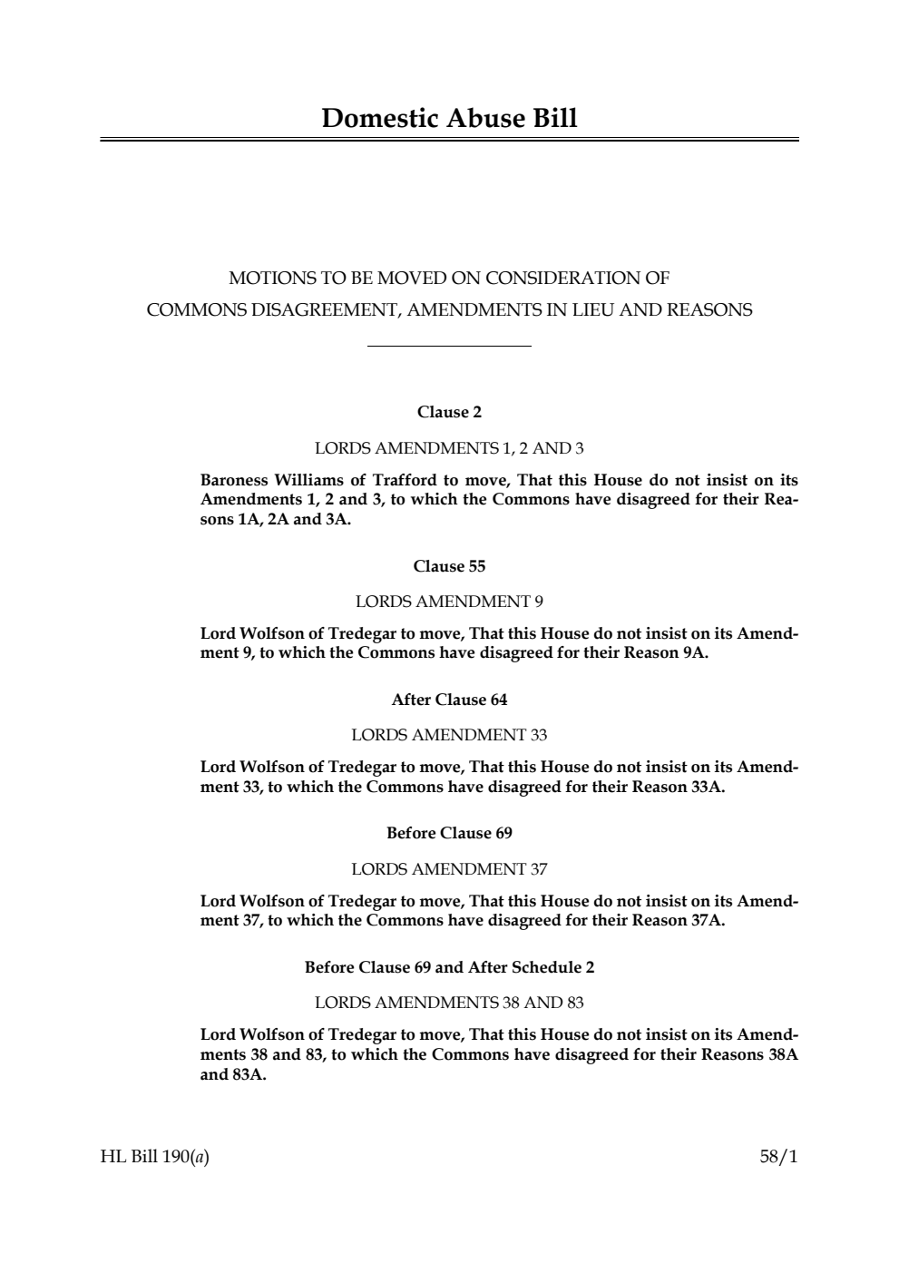 Domestic Abuse Bill Motions to be moved on consideration of Commons disagreement, amendments in lieu and reasons