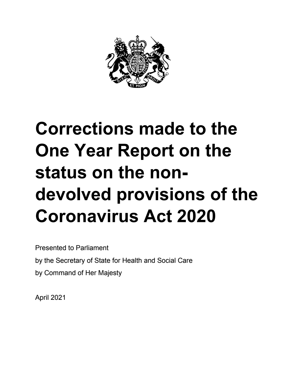 Corrections made to the One Year Report on the status on the non-devolved provisions of the Coronavirus Act 2020