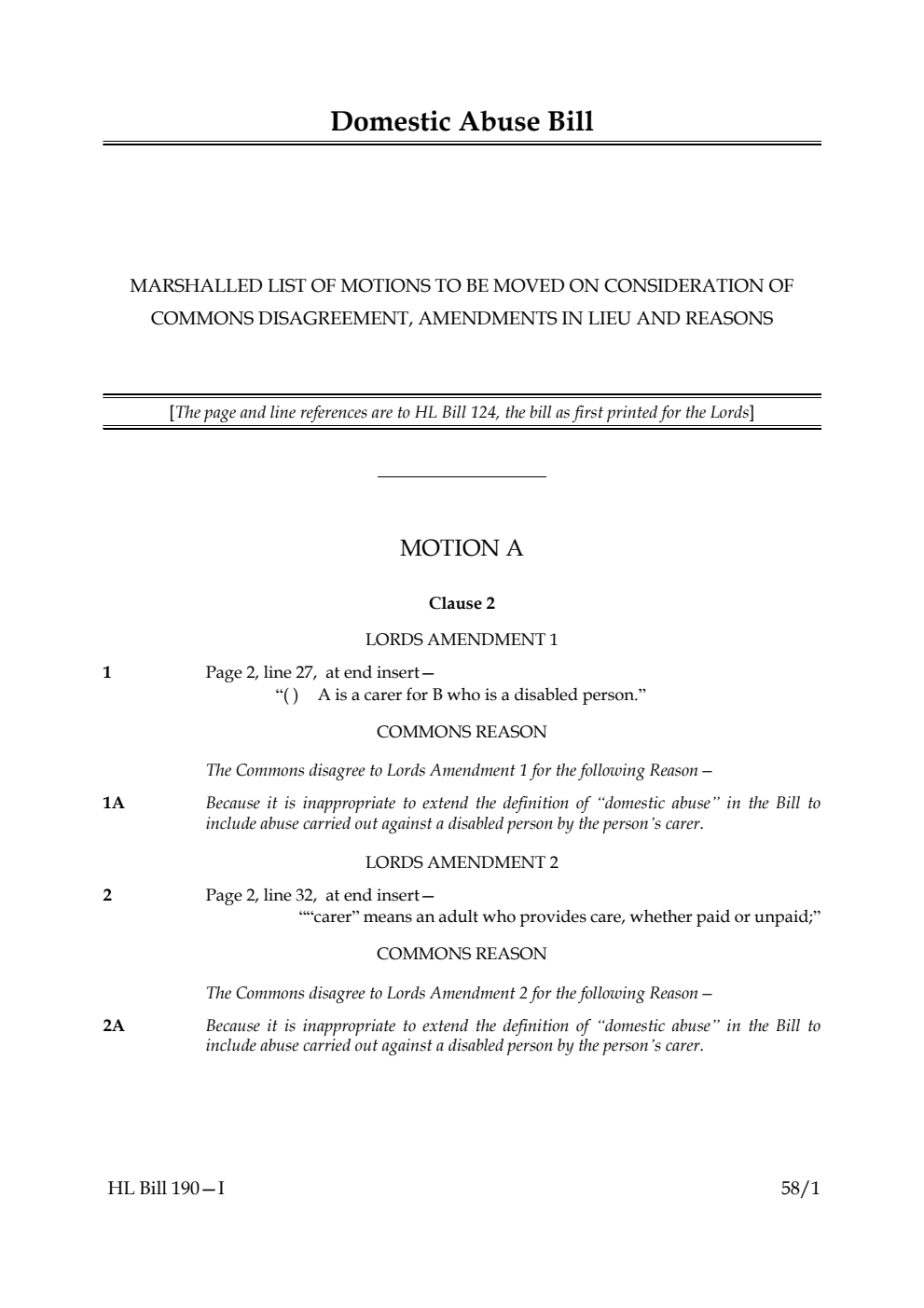 Domestic Abuse Bill Marshalled list of motions to be moved on consideration of Commons disagreement, amendments in lieu and reasons