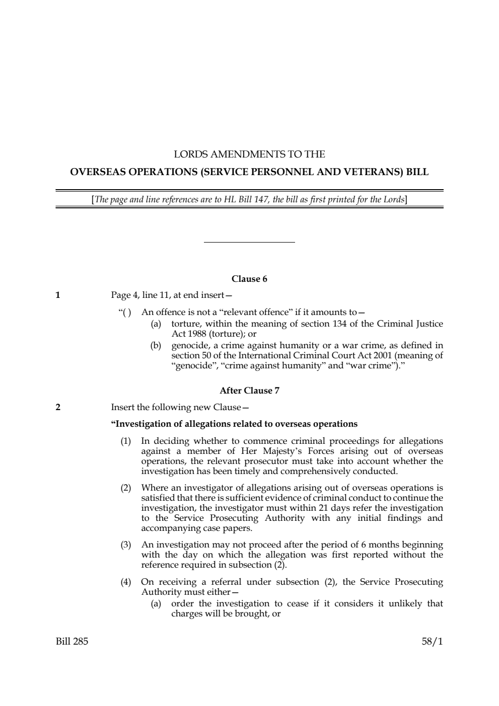 Lords Amendments to the Overseas Operations (Service Personnel and Veterans) Bill