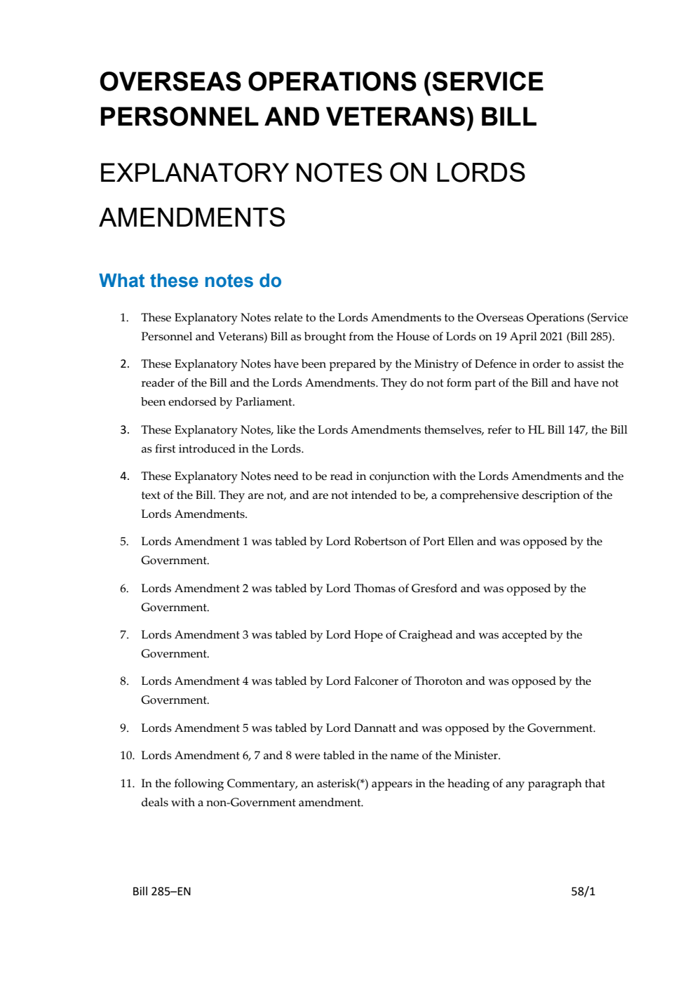 Overseas Operations (Service Personnel and Veterans) Bill Explanatory Notes on Lords Amendments