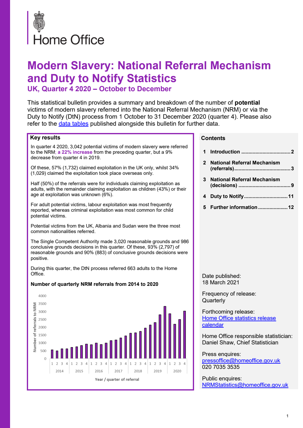 Home Office Statistical Bulletin 07/21 Modern Slavery: National Referral Mechanism and Duty to Notify Statistics UK, Quarter 4 2020 – October to December