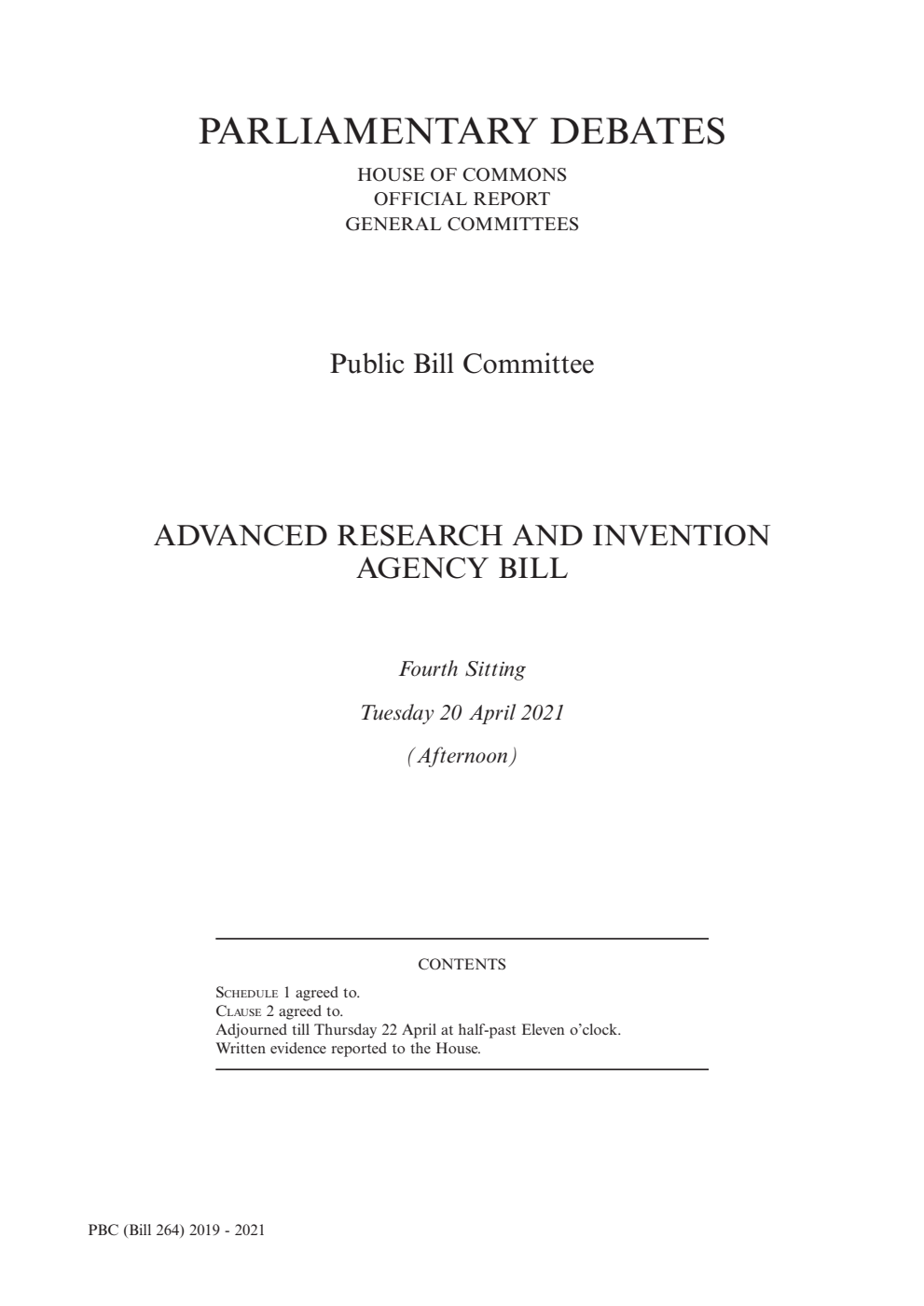 Advanced Research and Invention Agency Public Bill Committee 4th Sitting 20th April 2021 PM