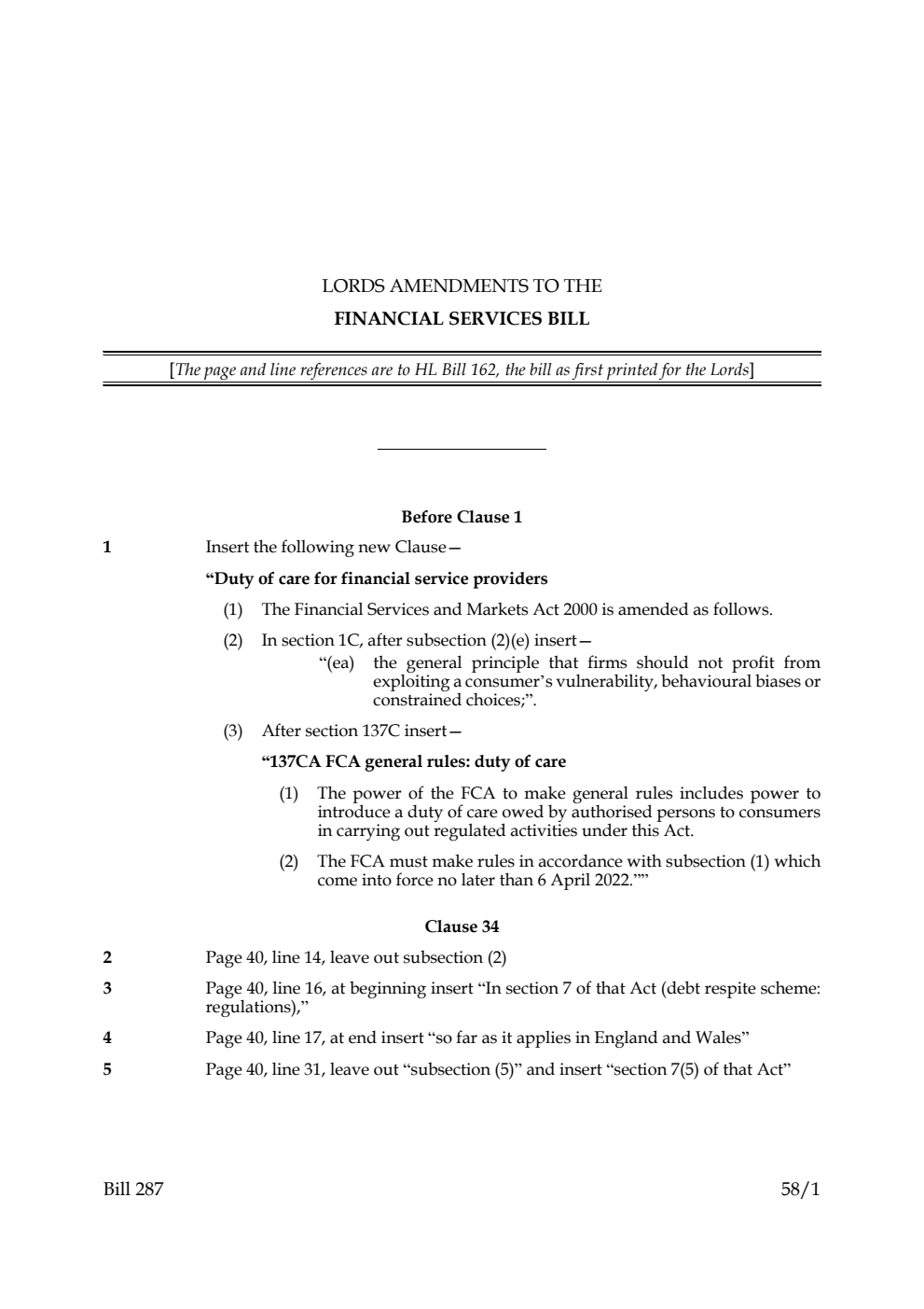 Lords Amendments to the Financial Services Bill