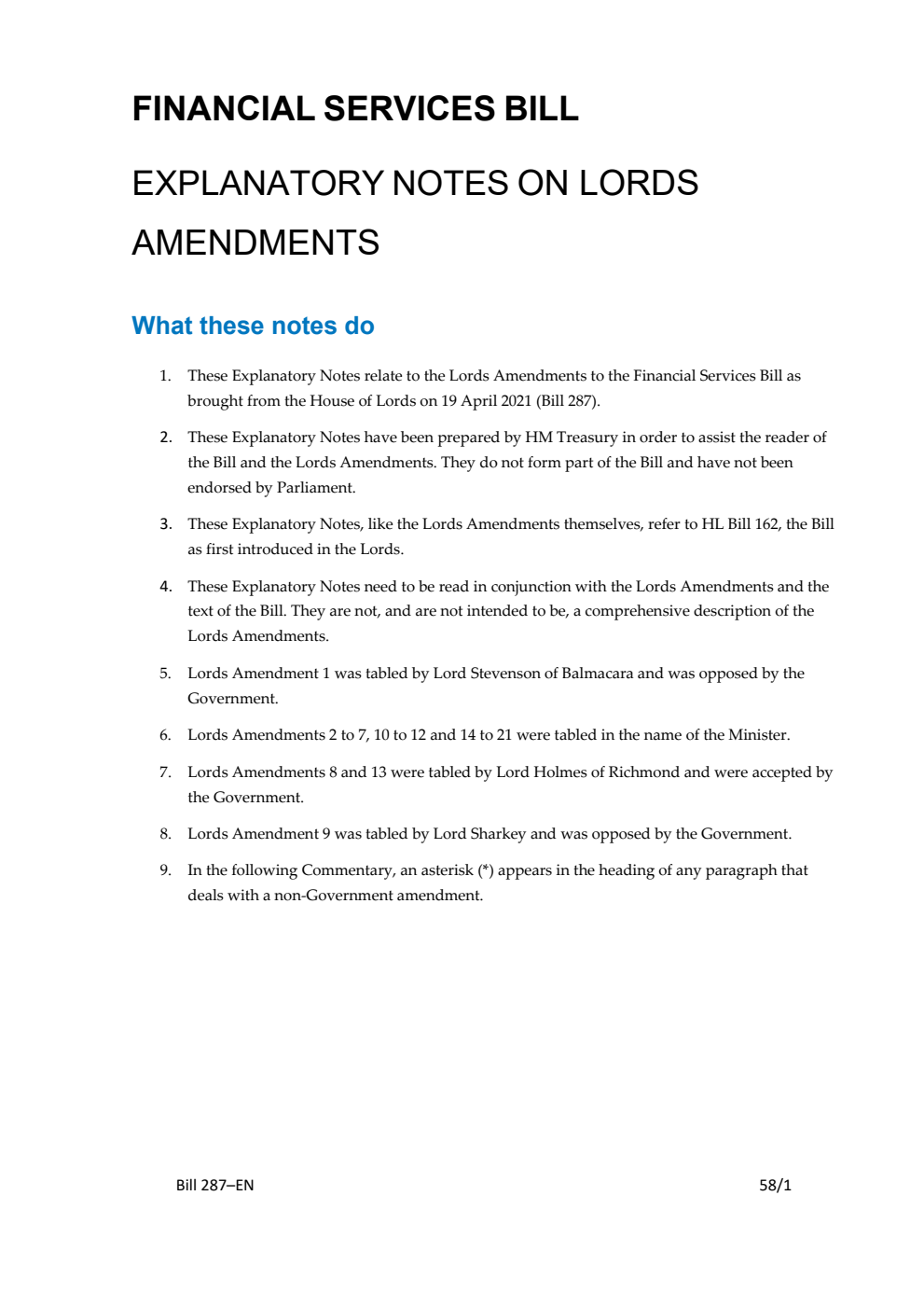 Financial Services Bill Explanatory Notes on Lords Amendments