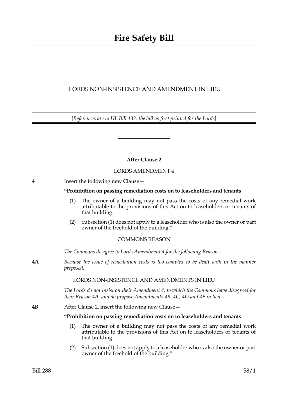 Fire Safety Bill Lords non-insistence and amendment in lieu