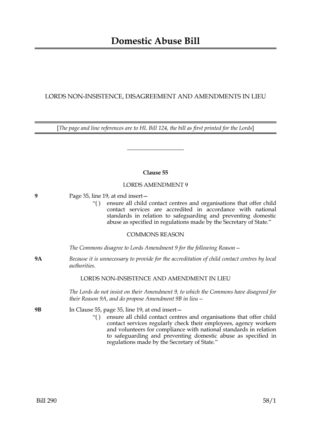 Domestic Abuse Bill Lords non-insistence, disagreement and amendments in lieu
