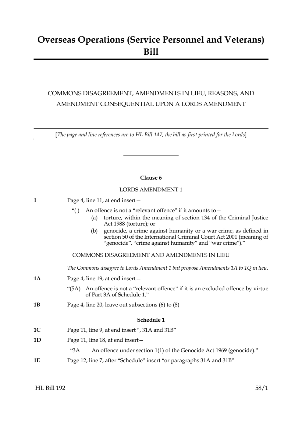 Overseas Operations (Service Personnel and Veterans) Bill Commons disagreement, amendments in lieu, reasons, and amendment consequential upon a Lords amendment
