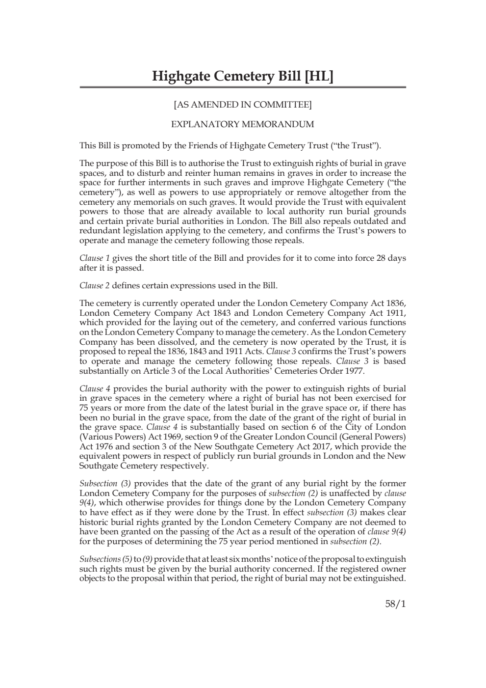 Highgate Cemetery Bill [as amended in Committee]