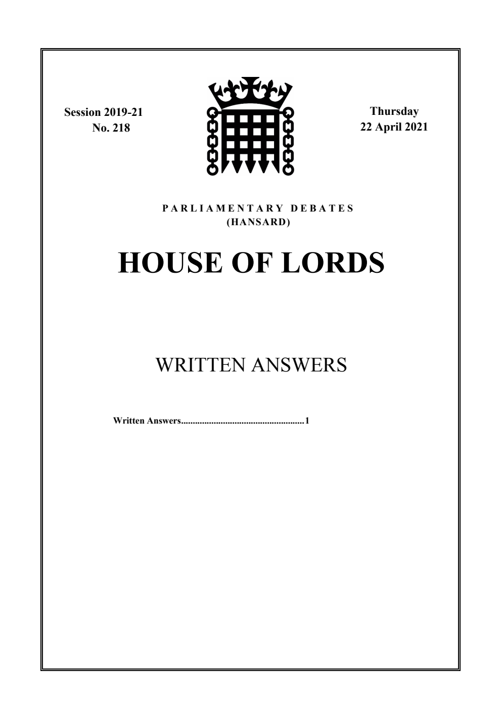 HOL Daily Report Written Statements and Answers 22.04.21