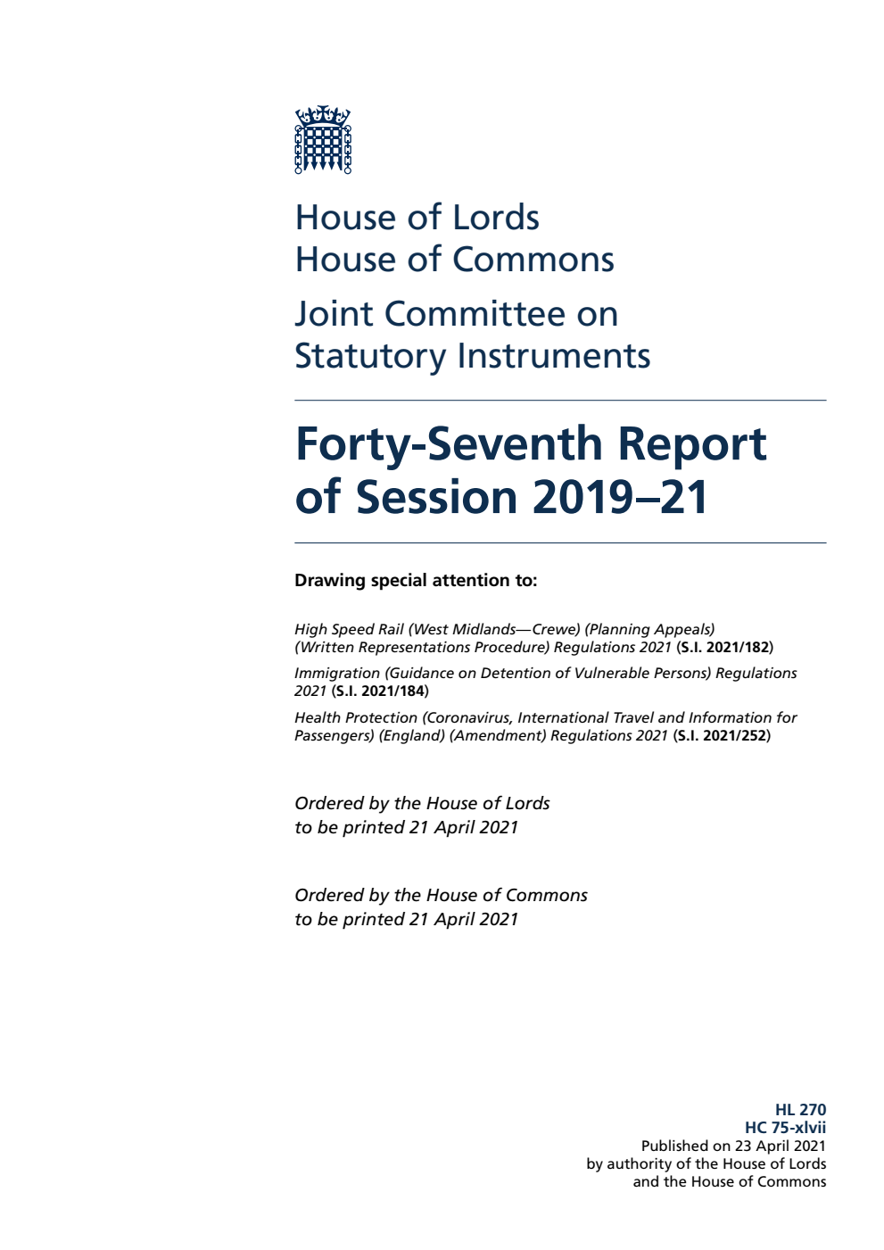 Joint Committee on Statutory Instruments 47th Report of Session 2019-21