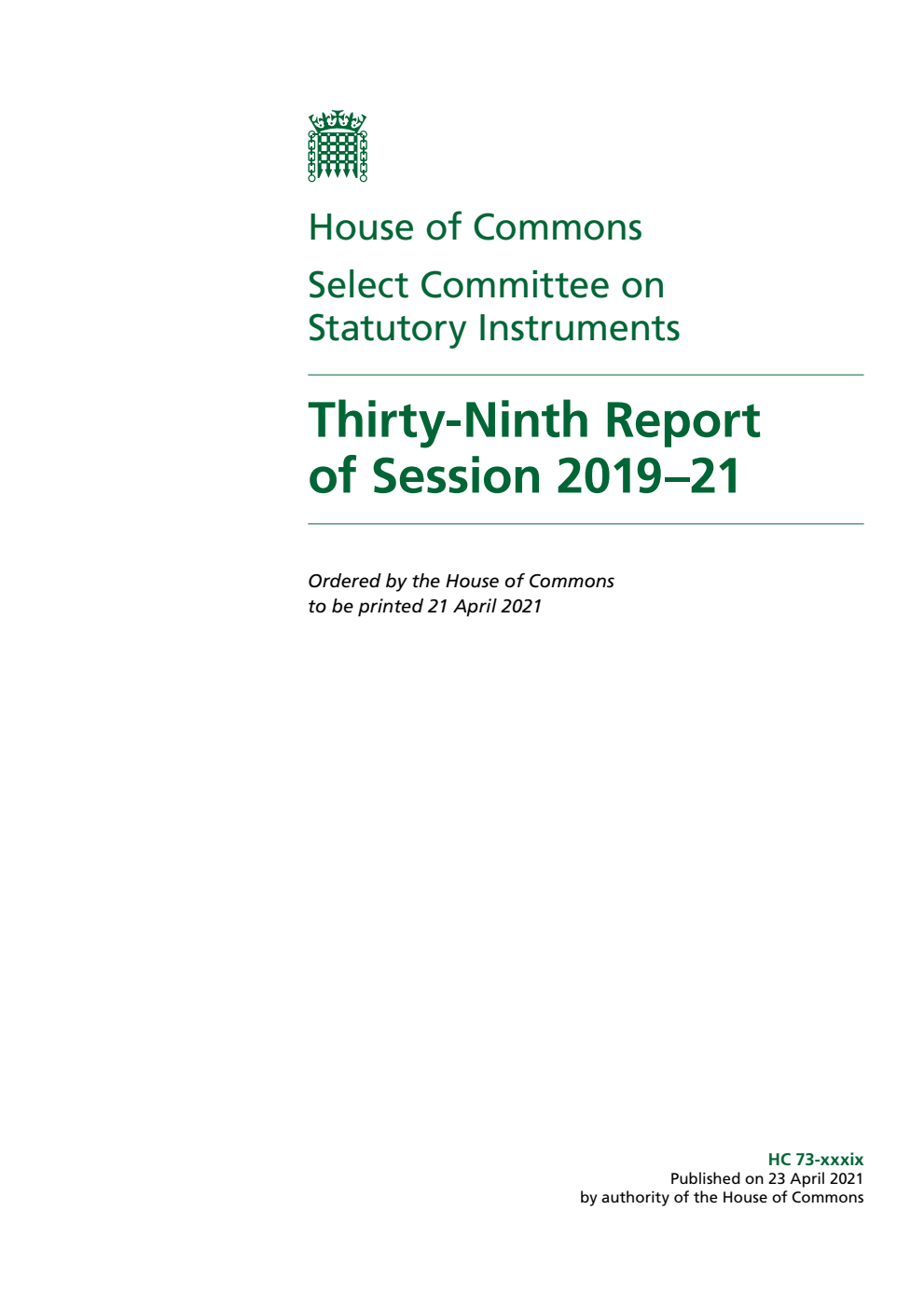 Statutory Instruments Committee 39th Report of Session 2019–21