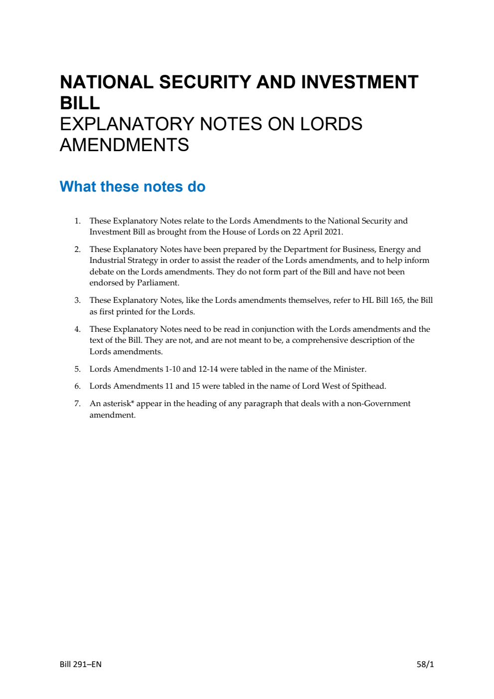 National Security and Investment Bill Explanatory Notes on Lords Amendments