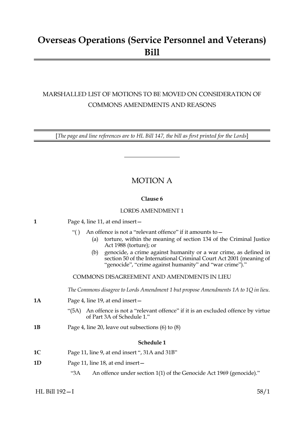 Overseas Operations (Service Personnel and Veterans) Bill Marshalled list for Consideration of Commons amendments and reasons