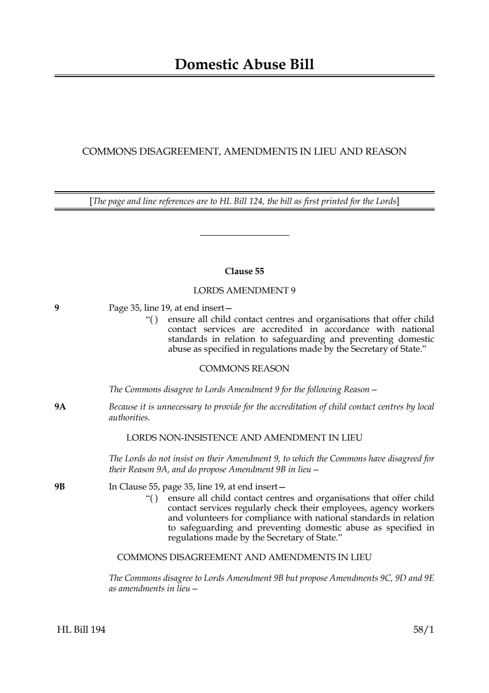 Domestic Abuse Bill Commons disagreement, amendments in lieu and reasons