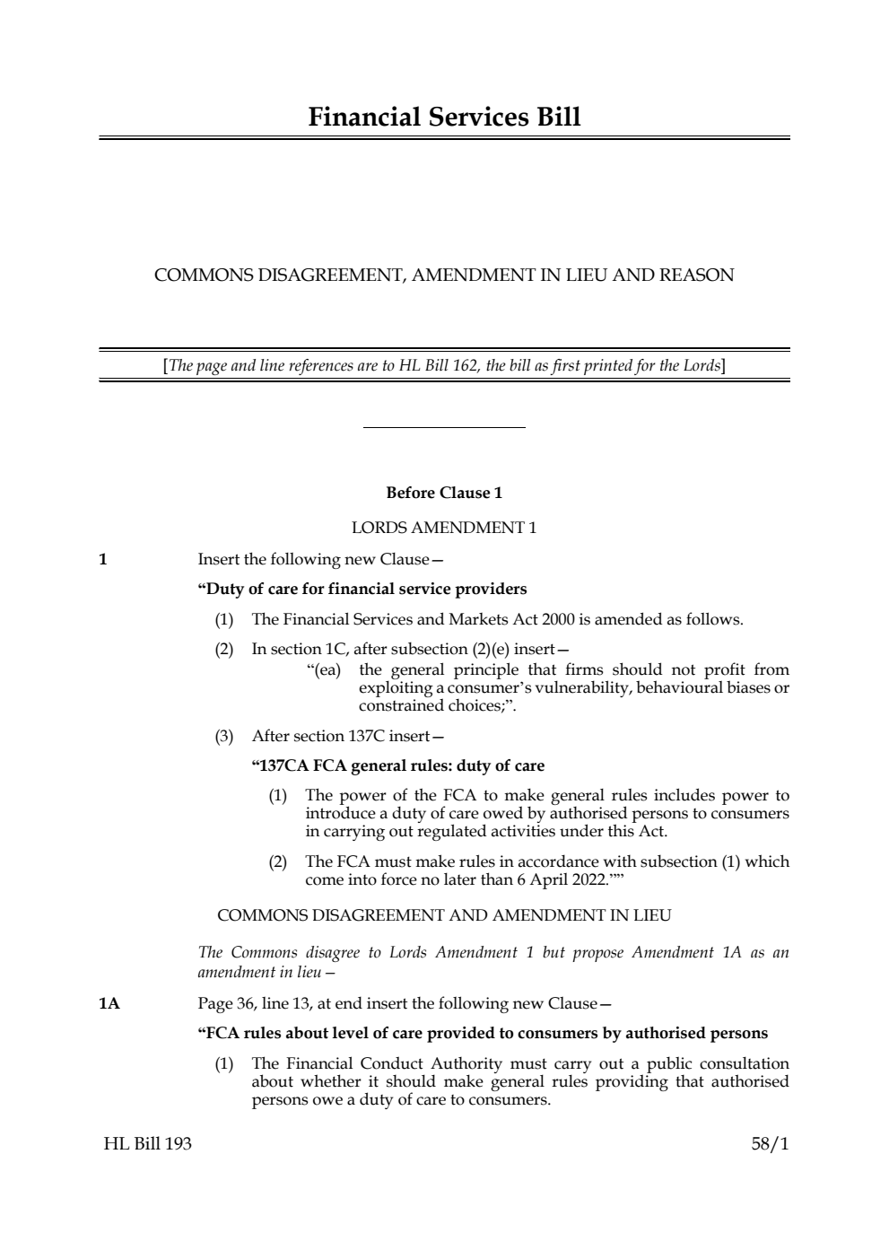 Financial Services Bill Commons disagreement, amendment in lieu and reason