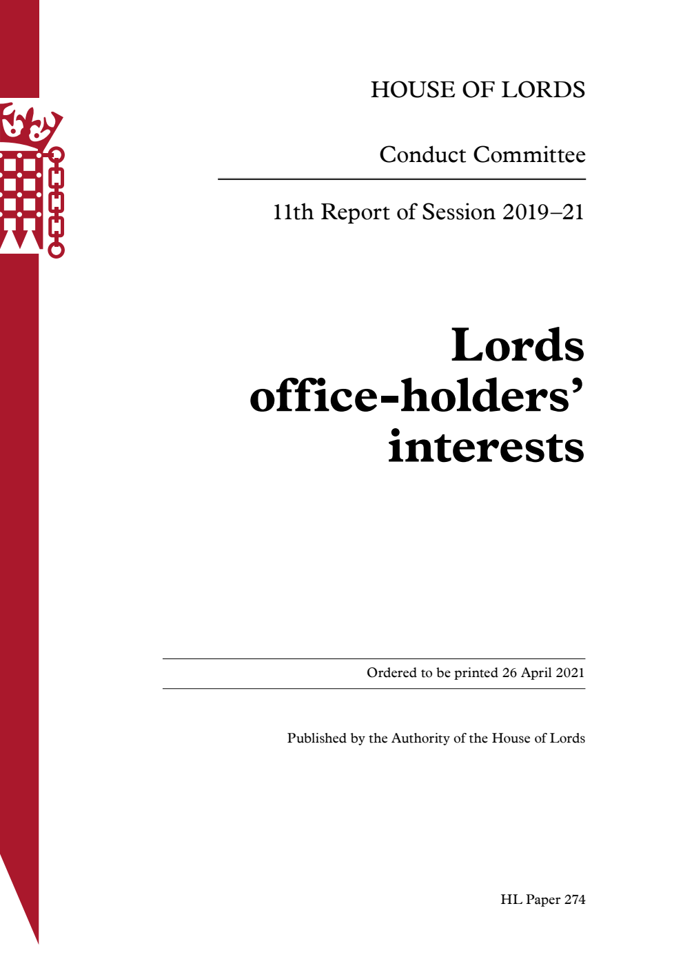 Conduct Committee 11th Report. Lords office-holders’ interests
