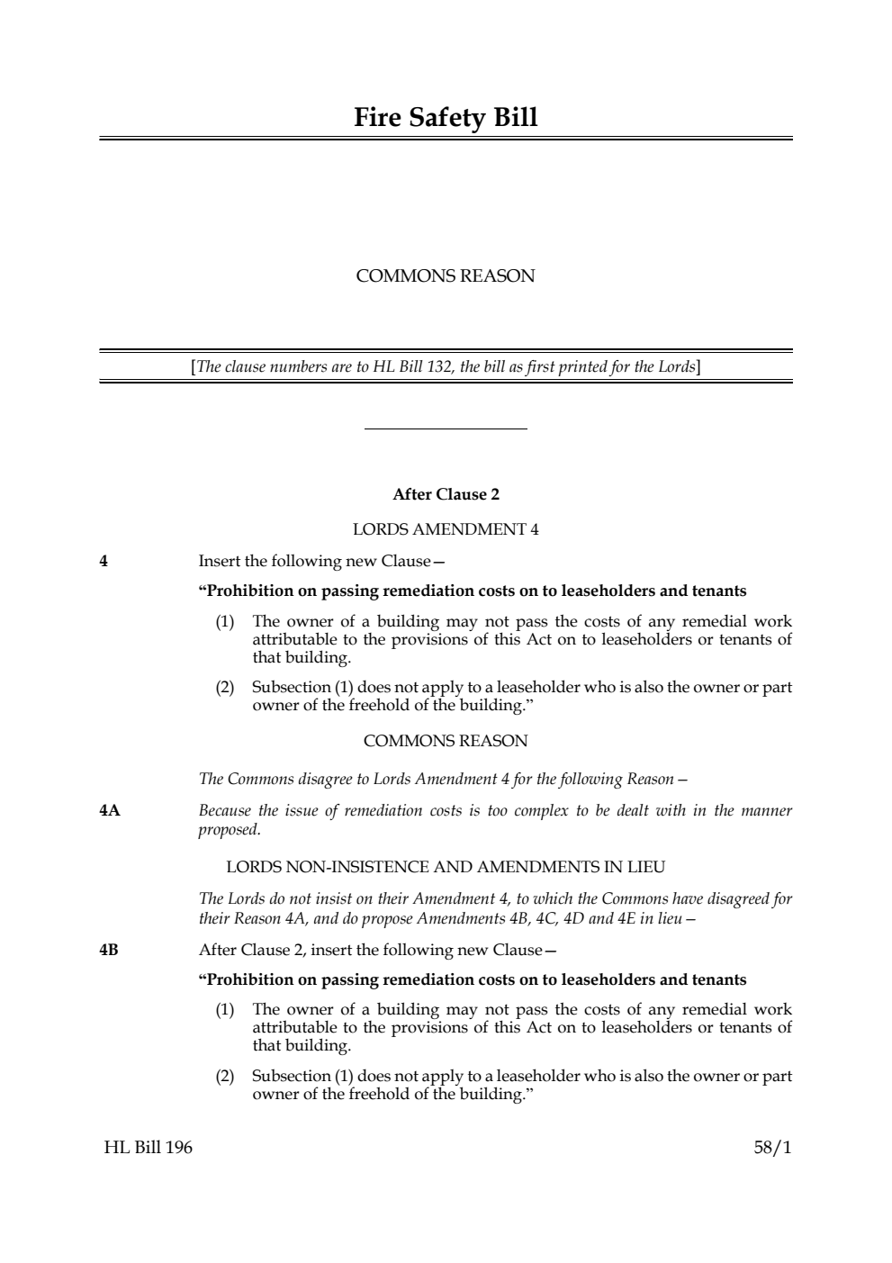 Fire Safety Bill Commons reasons