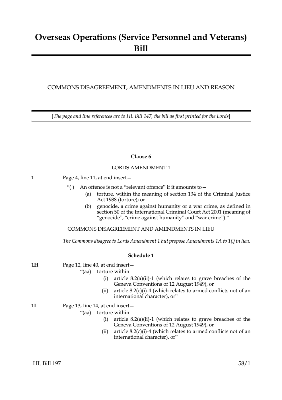 Overseas Operations (Service Personnel and Veterans) Bill Commons disagreement, amendments in lieu and reasons