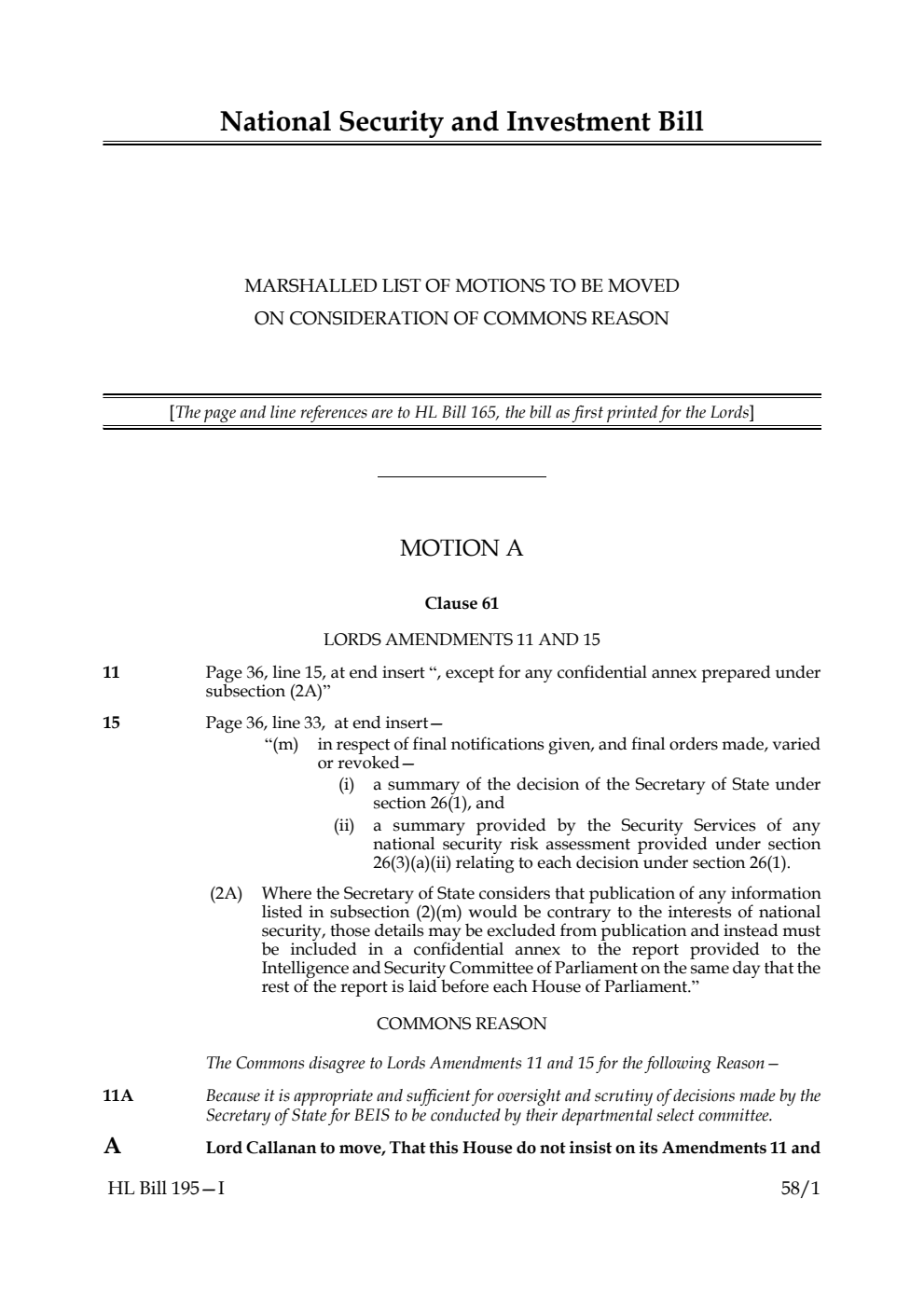 National Security and Investment Bill Marshalled list of motions to be moved on consideration of Commons reasons