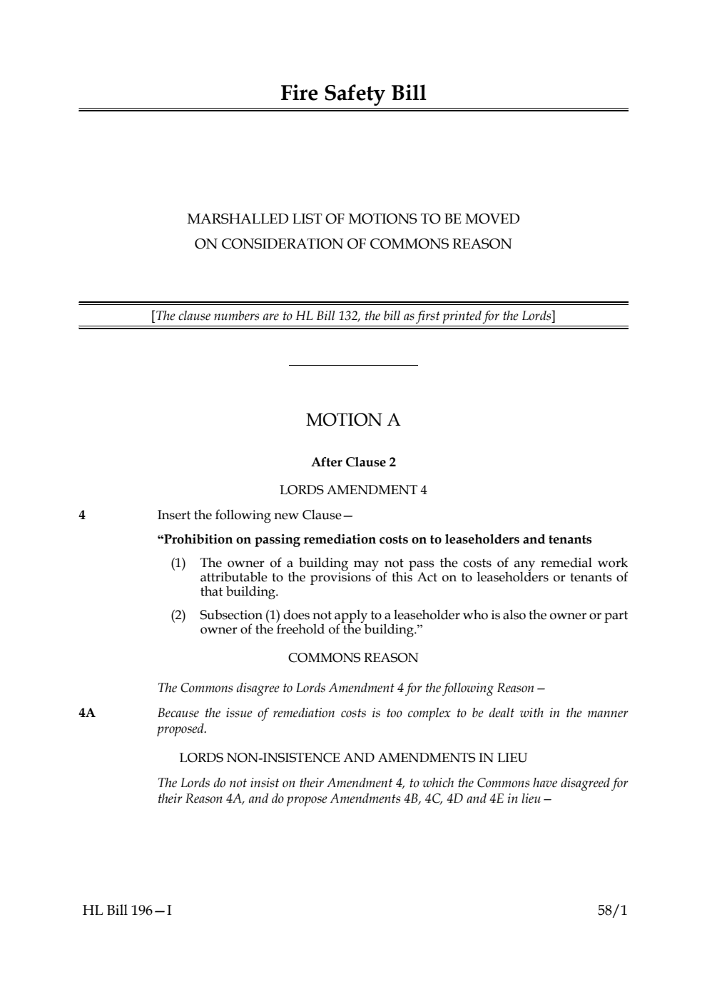 Fire Safety Bill Marshalled list of motions to be moved on consideration of Commons reasons