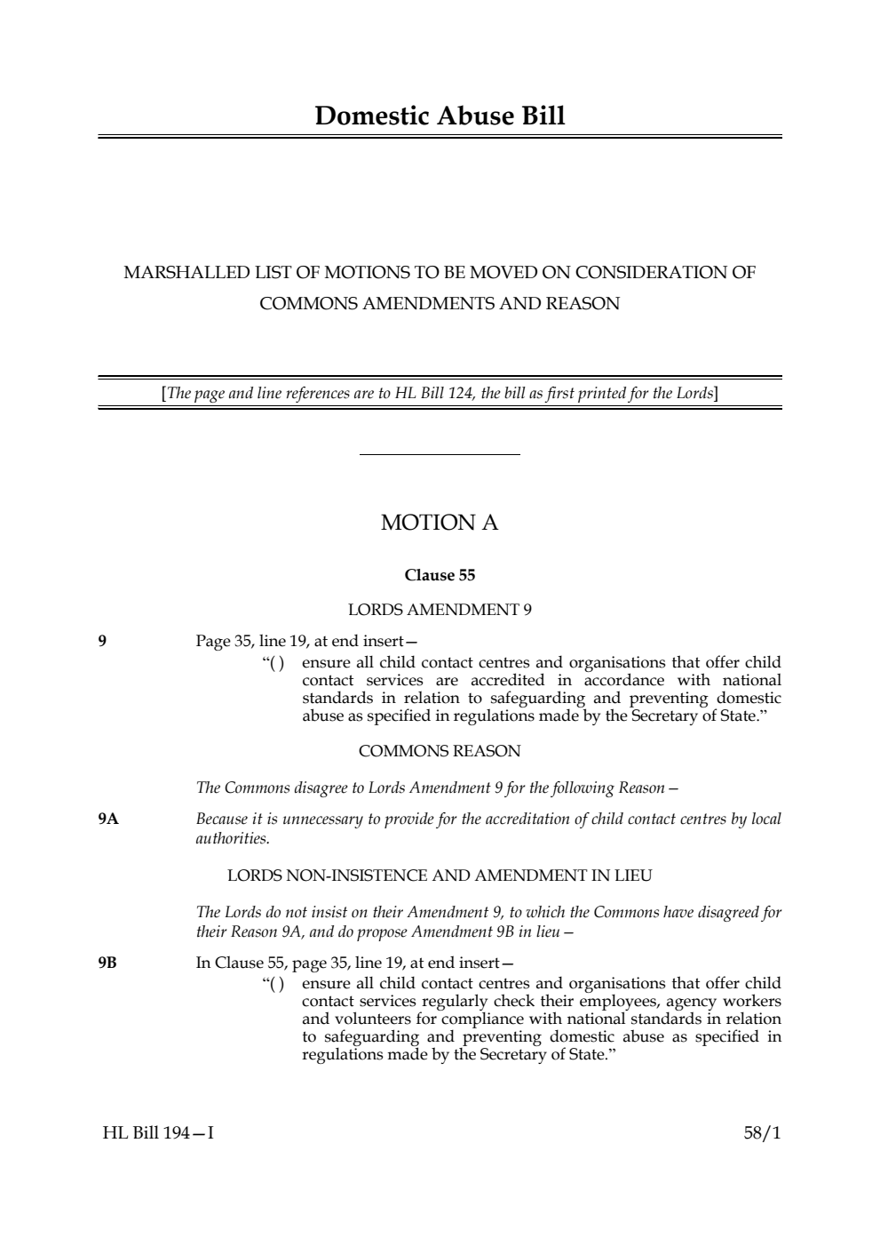 Domestic Abuse Bill Marshalled list of motions to be moved on Consideration of Commons amendments and reason