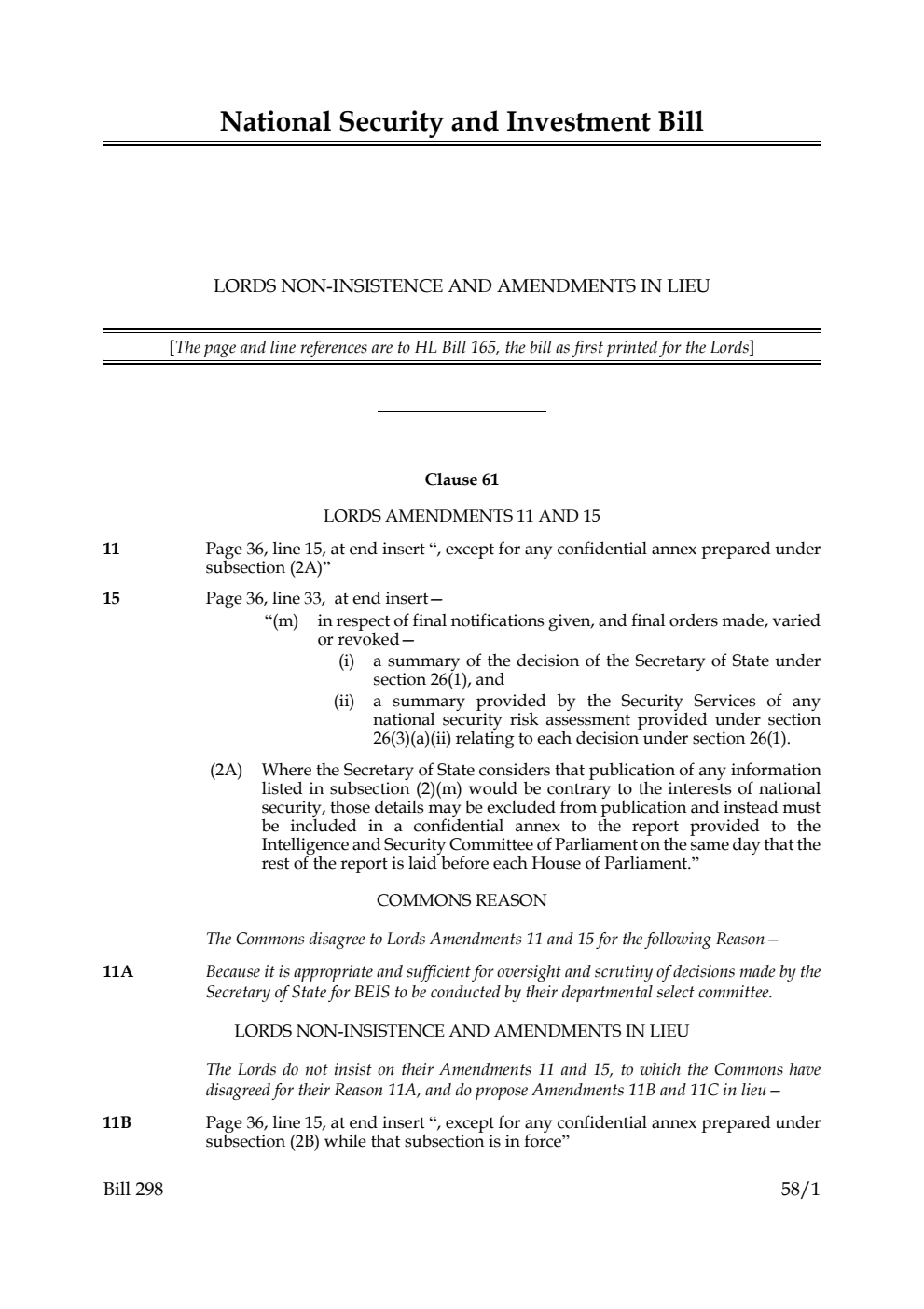 National Security and Investment Bill Lords non-insistence and amendments in lieu