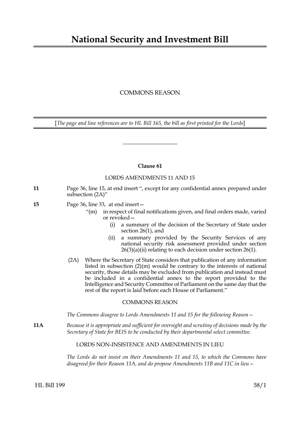 National Security and Investment Bill Commons reasons