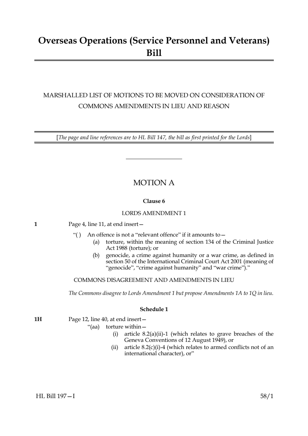 Overseas Operations (Service Personnel and Veterans) Bill Marshalled List of motions to be moved on consideration of Commons amendments in lieu and reason