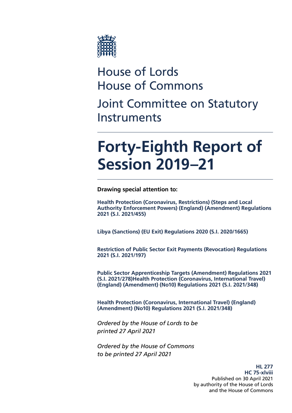 Joint Committee on Statutory Instruments 48th Report of Session 2019-21