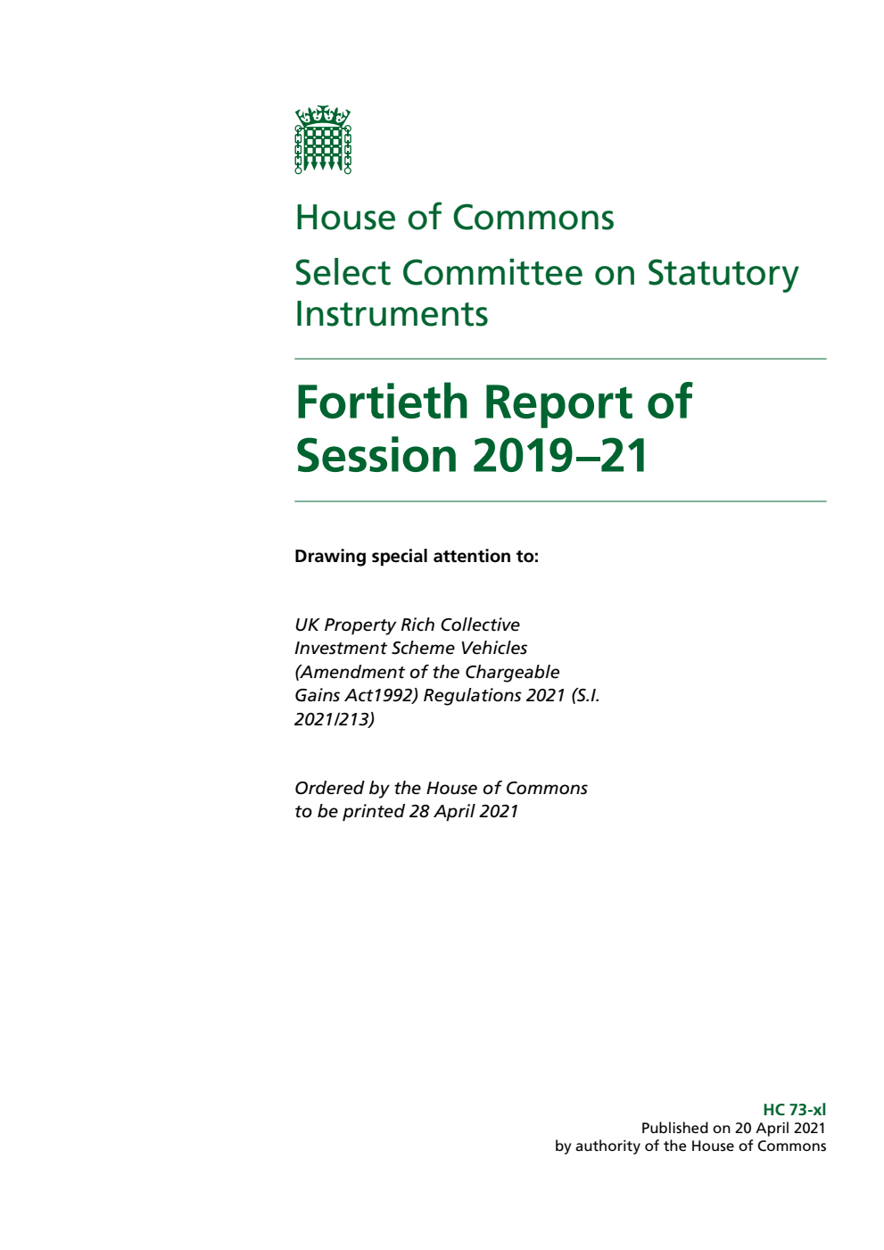 Statutory Instruments Committee 40th Report of Session 2019–21