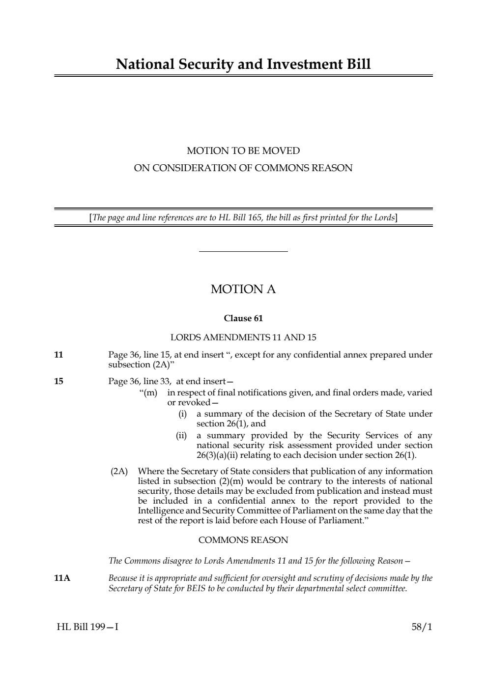 National Security and Investment Bill Motion to be moved on consideration of Commons reasons