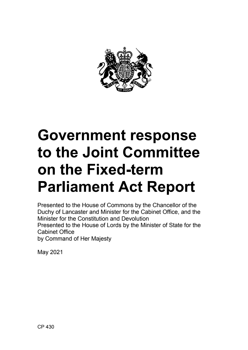 Government response to the Joint Committee on the Fixed-term Parliament Act Report