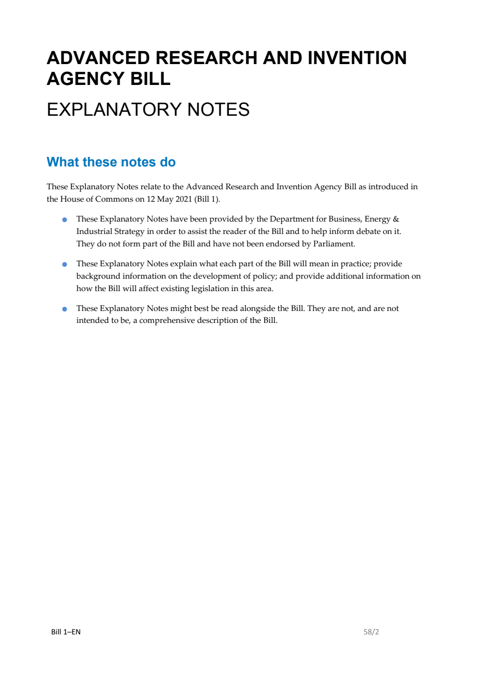 Advanced Research and Invention Agency Bill Explanatory Notes