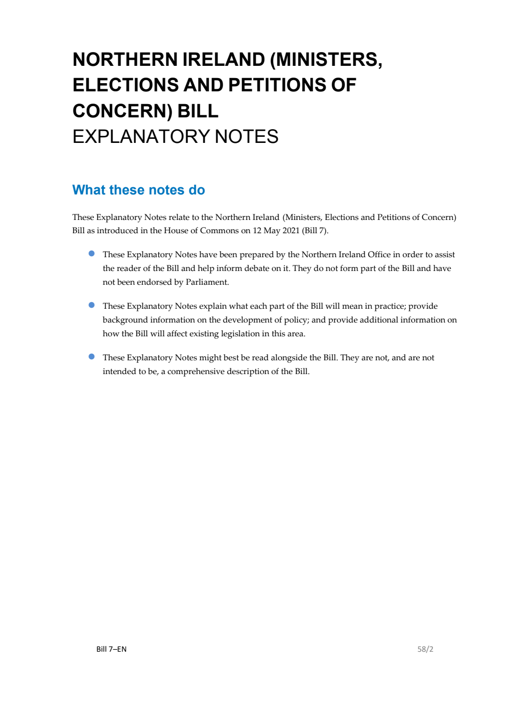 Northern Ireland (Ministers, Elections and Petitions of Concern) Bill Explanatory Notes