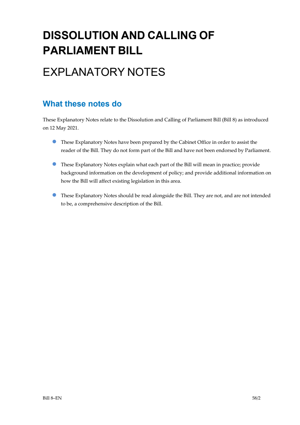 Dissolution and Calling of Parliament Bill Explanatory Notes