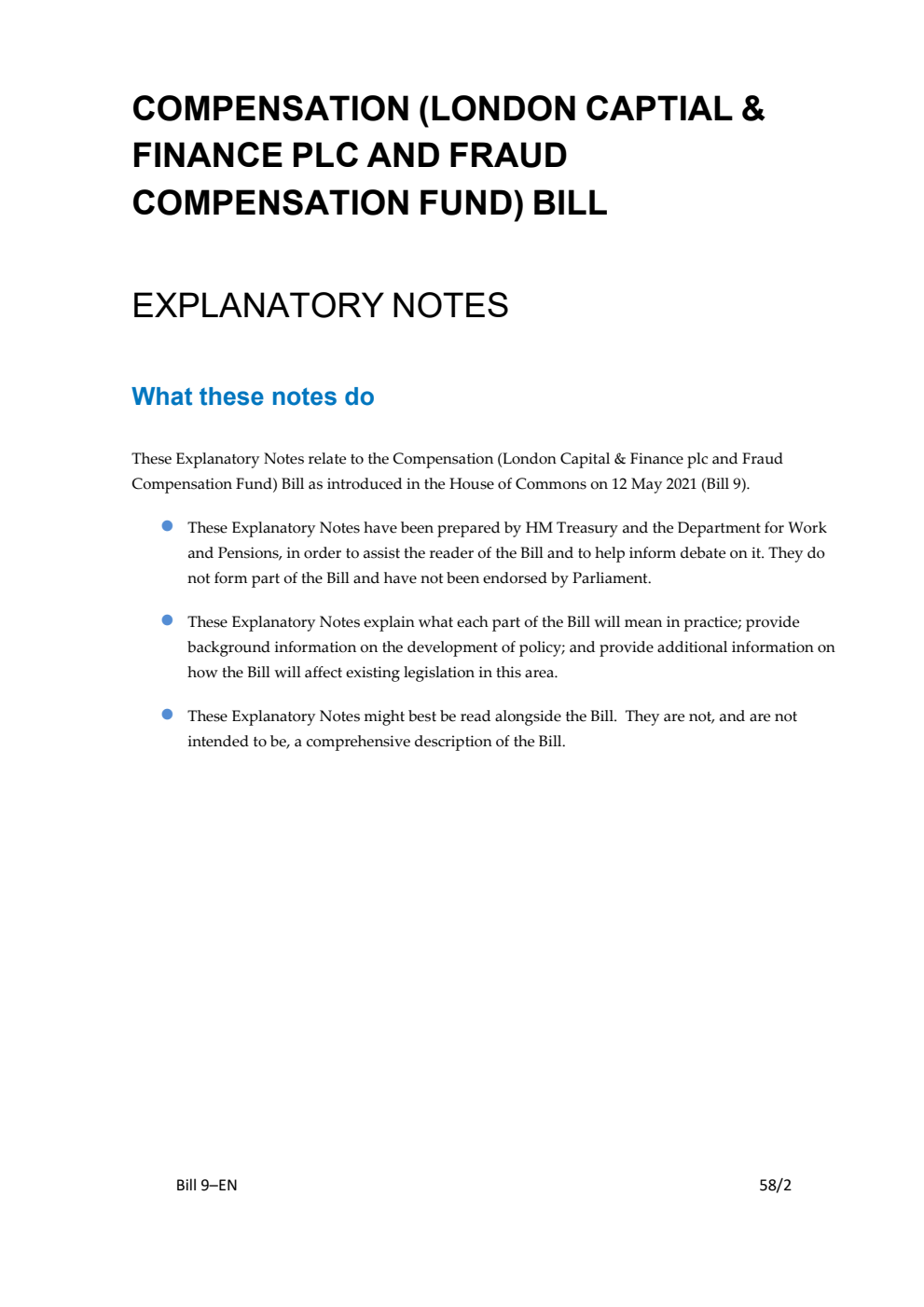 Compensation (London Capital & Finance plc and Fraud Compensation Fund) Bill Explanatory Notes