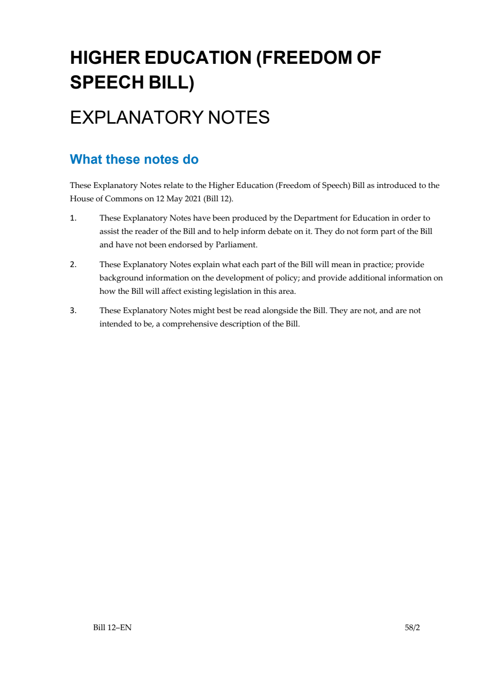 Higher Education (Freedom of Speech) Bill Explanatory Notes
