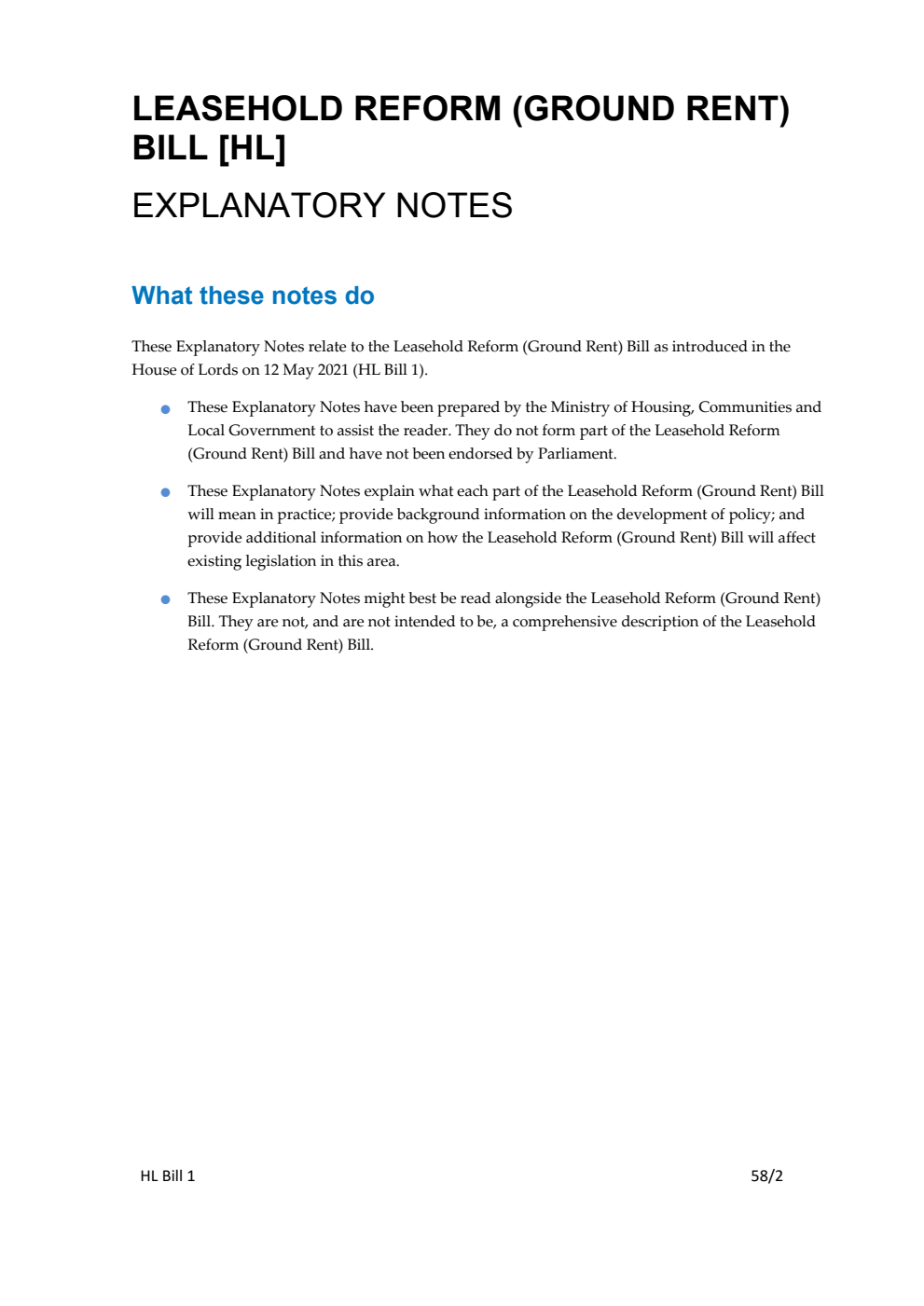 Leasehold Reform (Ground Rent) Bill Explanatory Notes