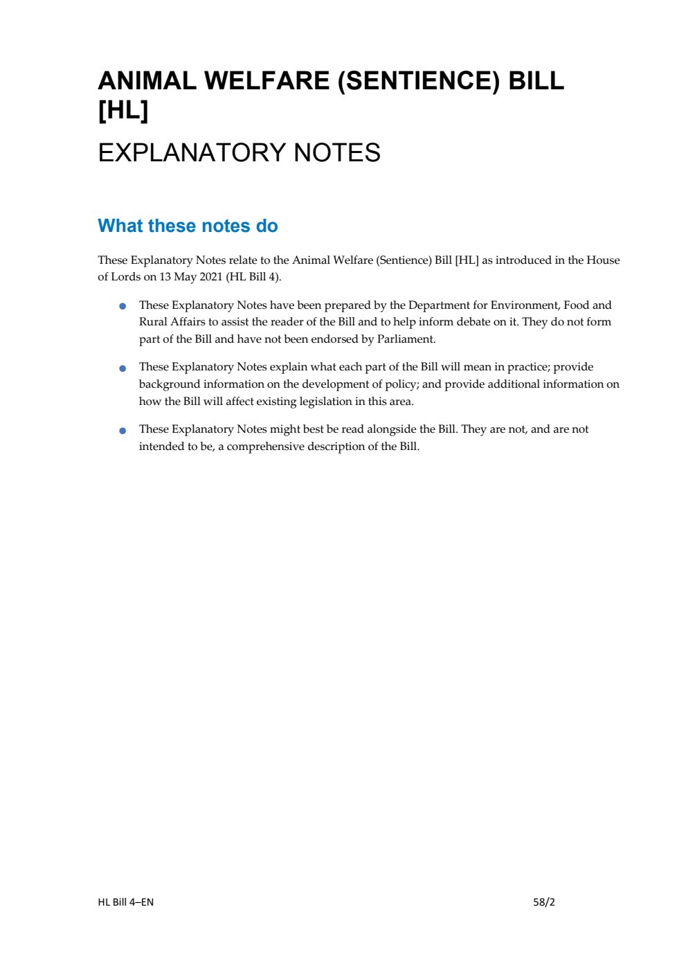 Animal Welfare (Sentience) Bill Explanatory Notes