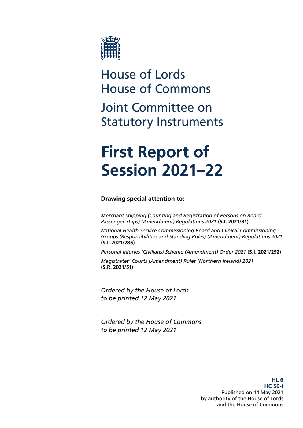 Joint Committee on Statutory Instruments 1st Report of Session 2021-22