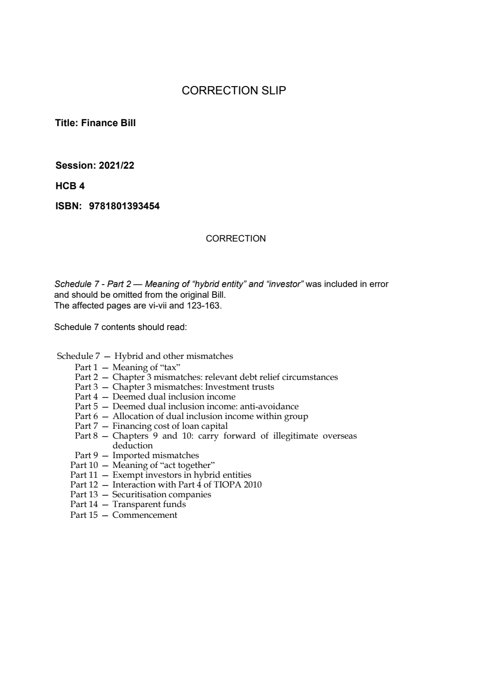 Finance Bill. Corrected copy