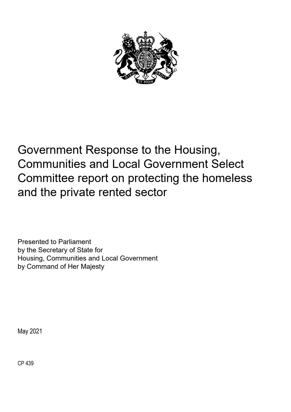 Government Response to the Housing, Communities and Local Government Select Committee report on protecting the homeless and the private rented sector