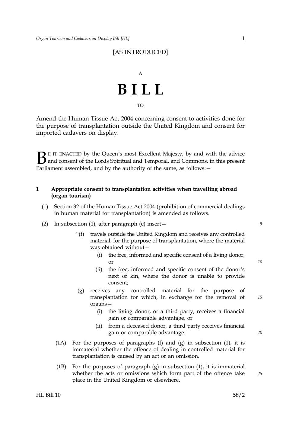 Organ Tourism and Cadavers on Display Bill