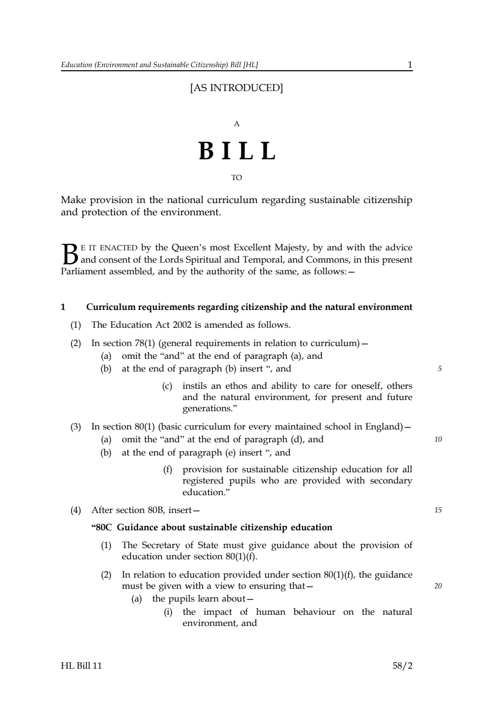 Education (Environment and Sustainable Citizenship) Bill