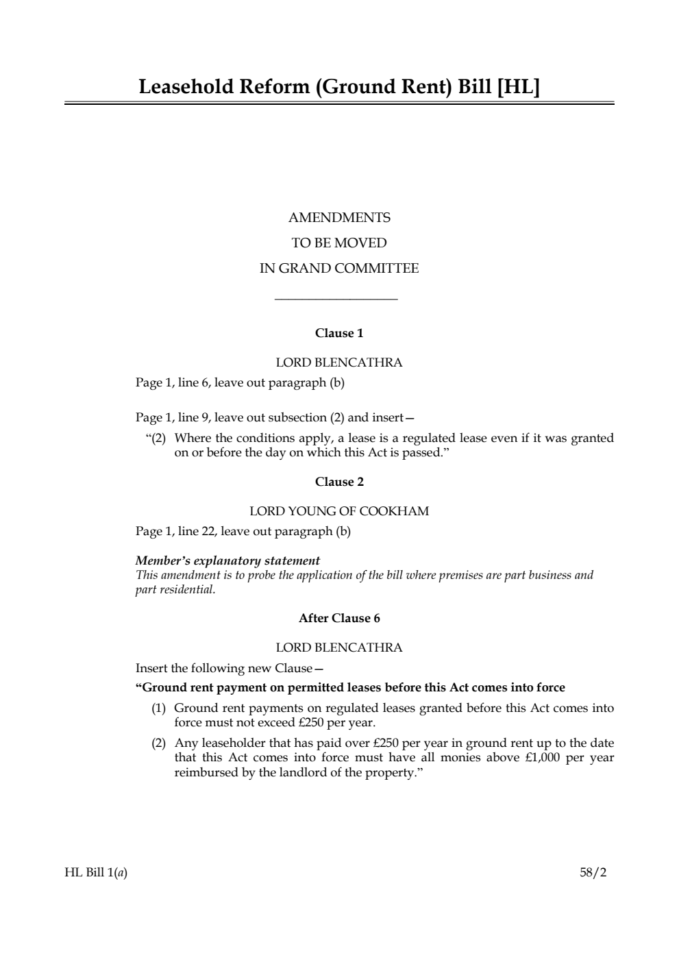 Leasehold Reform (Ground Rent) Bill Amendments to be moved in Grand Committee